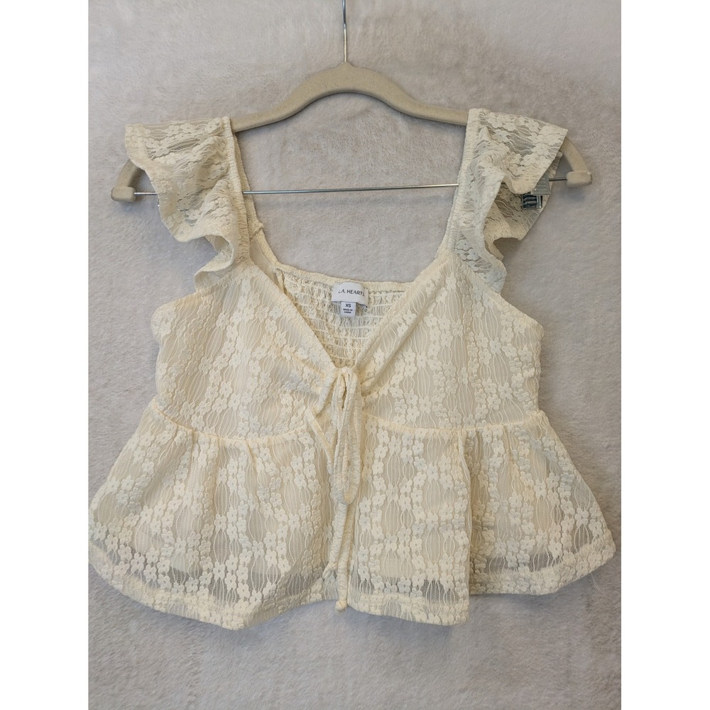 L.A. Hearts Peplumâ Top Women's XS Cream Lace Ruffle Tie Front Smocked Back